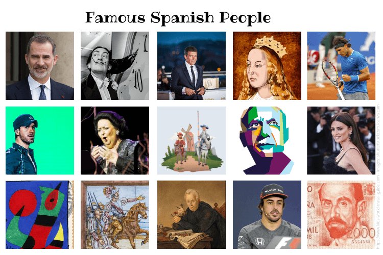 Collage of Famous Spanish People - images by wikicommons and shutterstock. Check Kids World Travel Guide page for more detailed info.