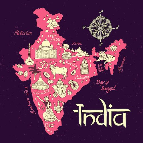 My incredible India map with icons in pink and purple - image from Shutterstock