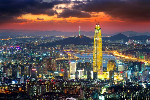 Lotte World Tower. South Korea borders the Pacific Ocean in the Yellow Sea