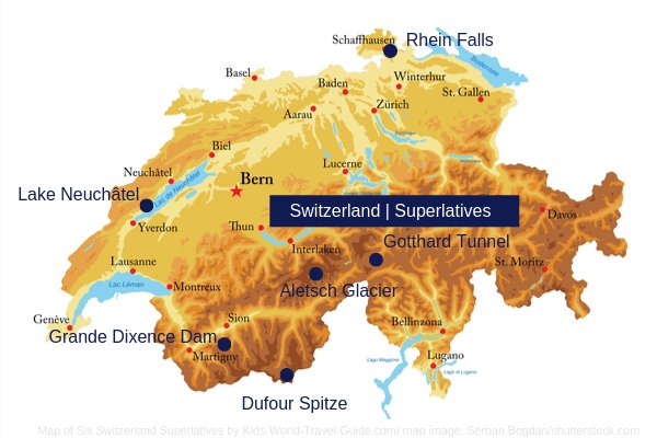 Switzerland Map with Geo Superlatives - map image by Serban Bogdan/shutterstock.com